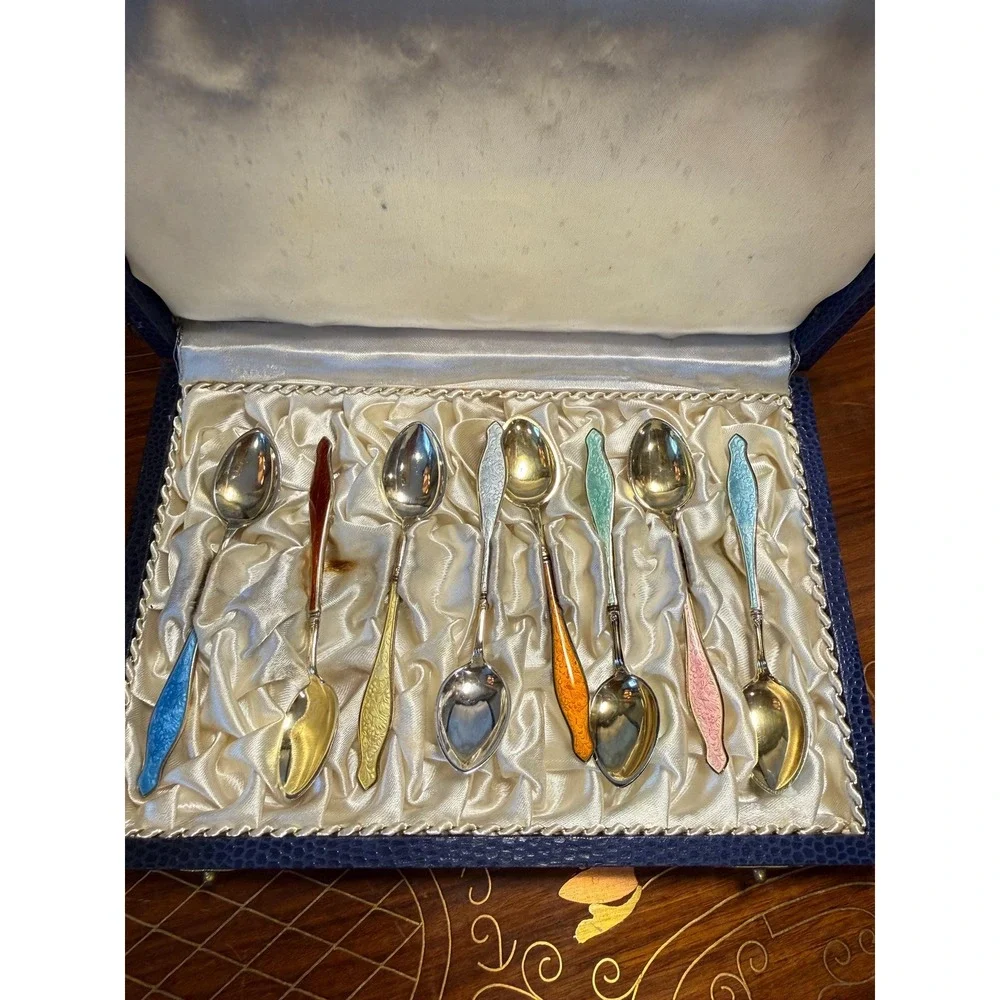 Vintage Norwegian Sterling Silver‎ Enamel Demitasse Spoon Set with Box